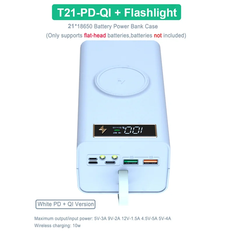 ワイヤレス充電ケース,バッテリーシェル,LEDライト,急速充電,15W,21x18650,15W