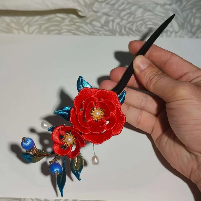 

Ancient Style Black Sandalwood Wrapped Flower Hairpin Retro Chinese Style Hanfu Headwear for Women Qipao Accessory