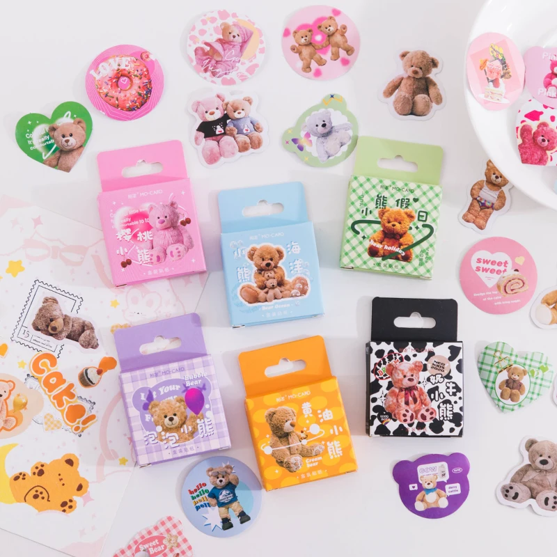 45Pcs Mini Box  Material literary Cartoon Bear Scrapbooking Hand Account Base Diary pink School Supplies 	Scrapbooking stickers