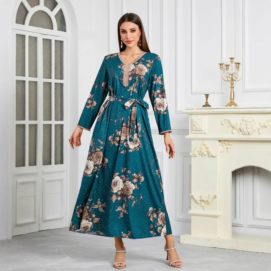 

New Muslin Women's Abaya Long Robe Printed Dress Central Asian Elegant Gold Edge Dress Abaya Ramadan Dubai Luxury Islam Elegant