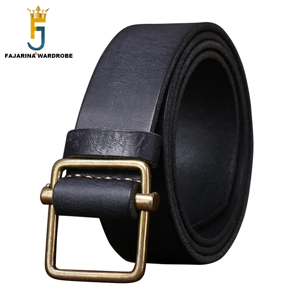 FAJARINA 3.8cm Wide Brass No Holes Teethless Buckle Retro Belt Top Quality 100% Solid Cowskin