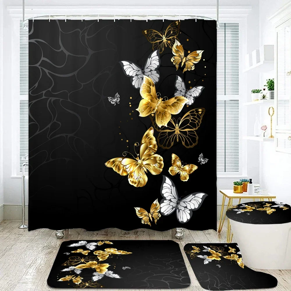 Waterproof Shower Curtain Sets with Rugs Golden Butterfly Print Bath Rug and Mats with Hooks Toilet Seat Cover Bathroom Decor