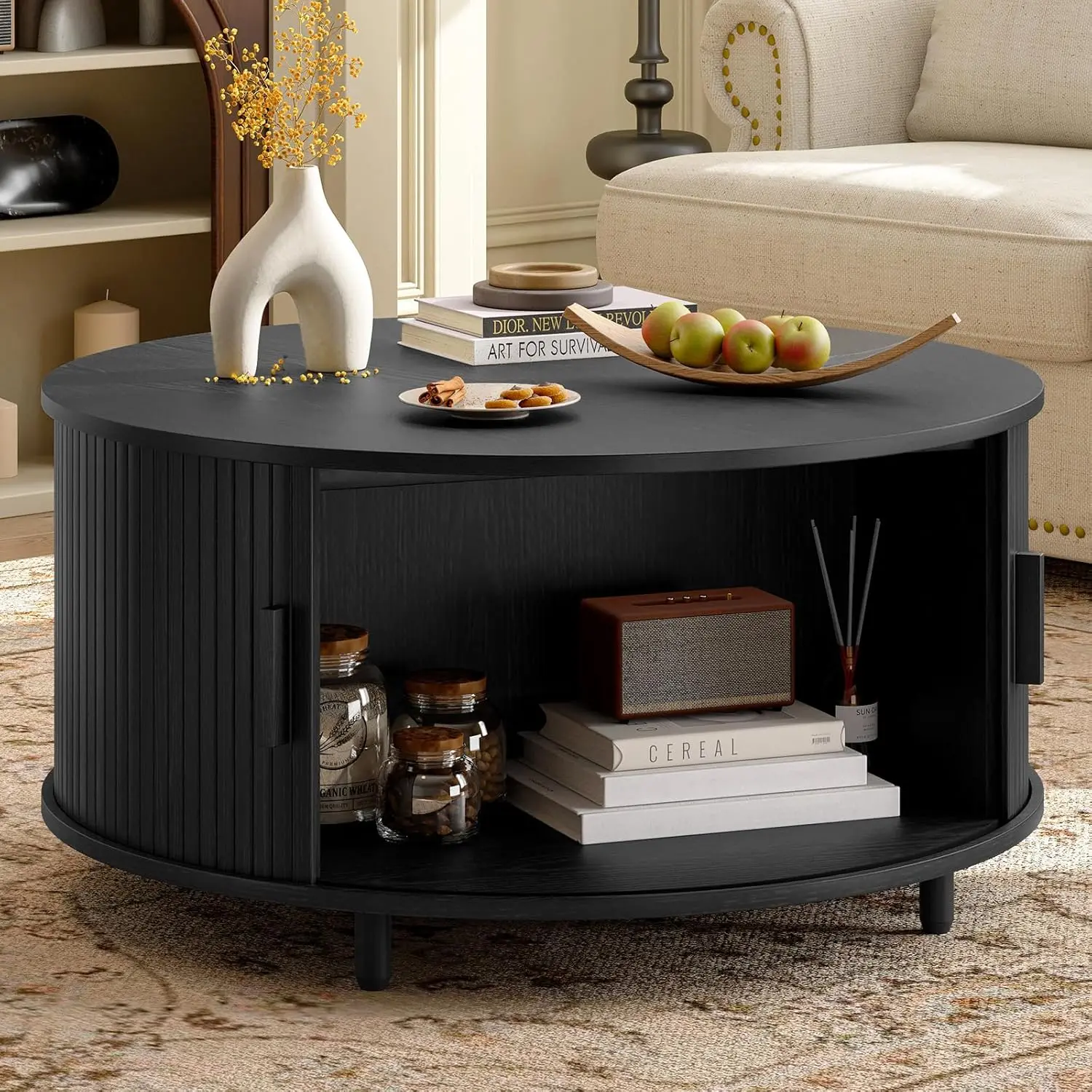 Mesa de centro redonda de 31,5 polegadas, mesa de centro moderna de meados do século com armazenamento, mesa de centro canelada com ajustável