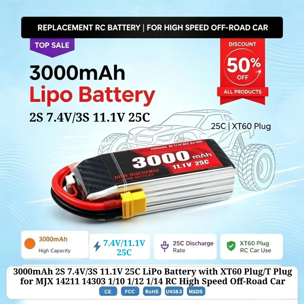 3000mAh 2S 7.4V/3S 11.1V 25C LiPo Battery with XT60 Plug/T Plug for MJX 14211 14303 1/10 1/12 1/14 RC High Speed Off-Road Car
