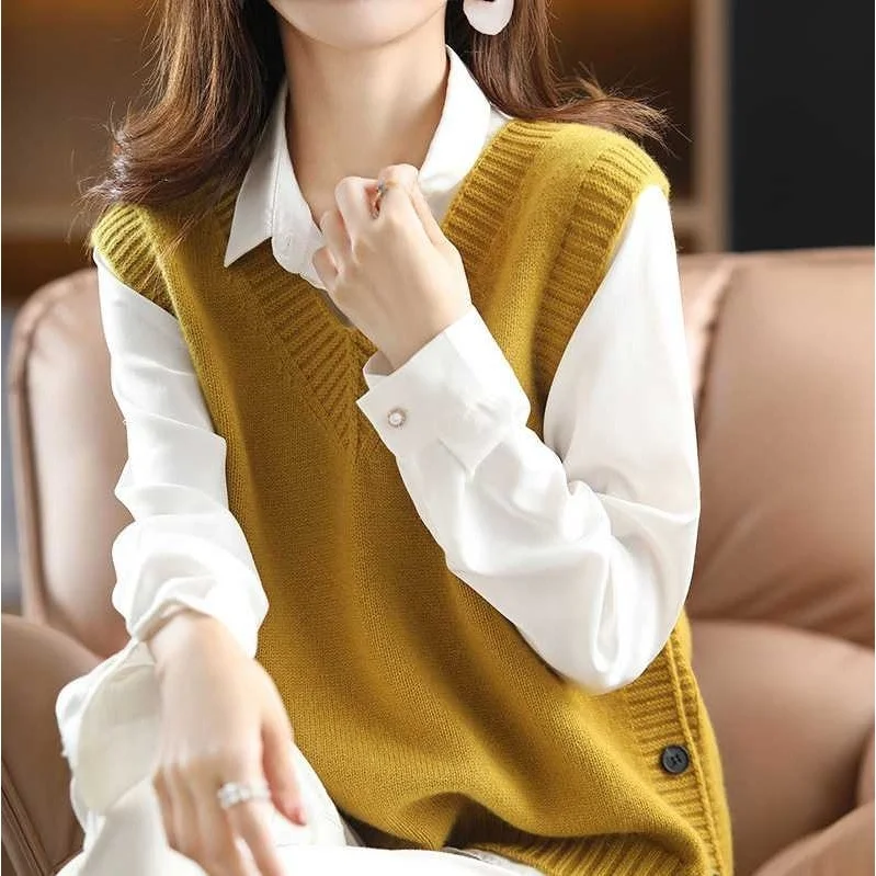 Los gebreid truivest Dames Lente Herfst Bovenkleding V-Ne Vintage Sle Vest Geen knop Pure kleur Ander materiaal 00%