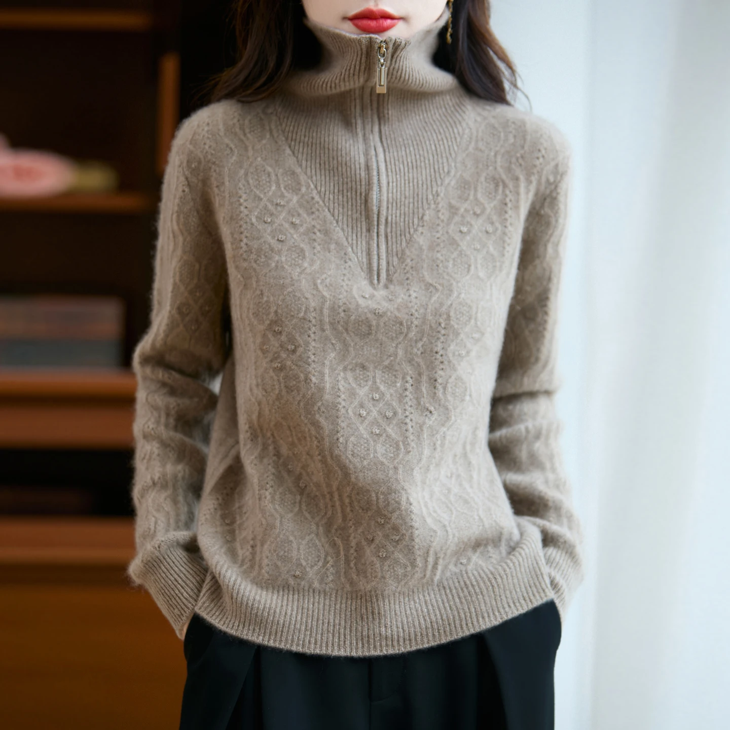 

Autumn and Winter New High Collar Zipper Half Open Cashmere Knitted Sweater Women's Loose Wool Sweater with Shoulder Sleeve Top