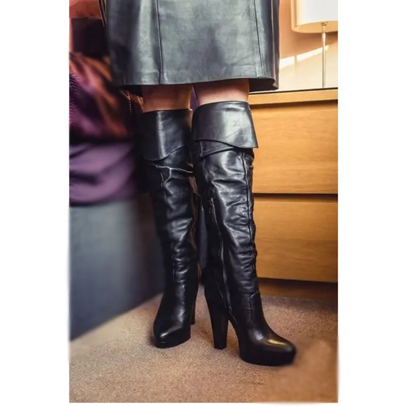 Noir sur le genou mat bottes à glissière talon épais bout pointu mode Sexy Cool 2025 hiver grande taille femme chaussures Zapatillas Mujer