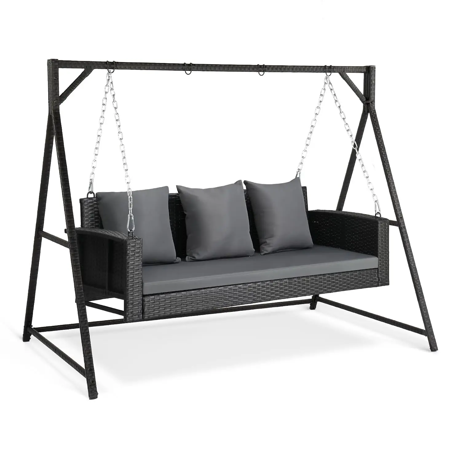 5FT Wicker Swing Stand, 800LBS Rattan Porch Swing, 3 Person Bench with Cushion&Chains, Heavy Duty Outdoor , Customized