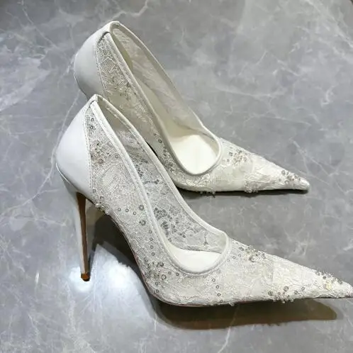 

White Lace Pearl Leather Patchwork Pointed Toe Shallow Slip On Stiletto Pumps Women 12 CM Thin Heels Shallow Bride Wedding Shoes