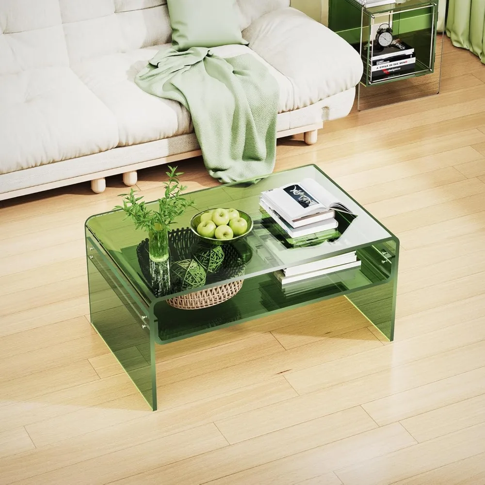 Clear Rectangular Acrylic Coffee Table with Green Open Storage Shelf for Living Room (Large Size)