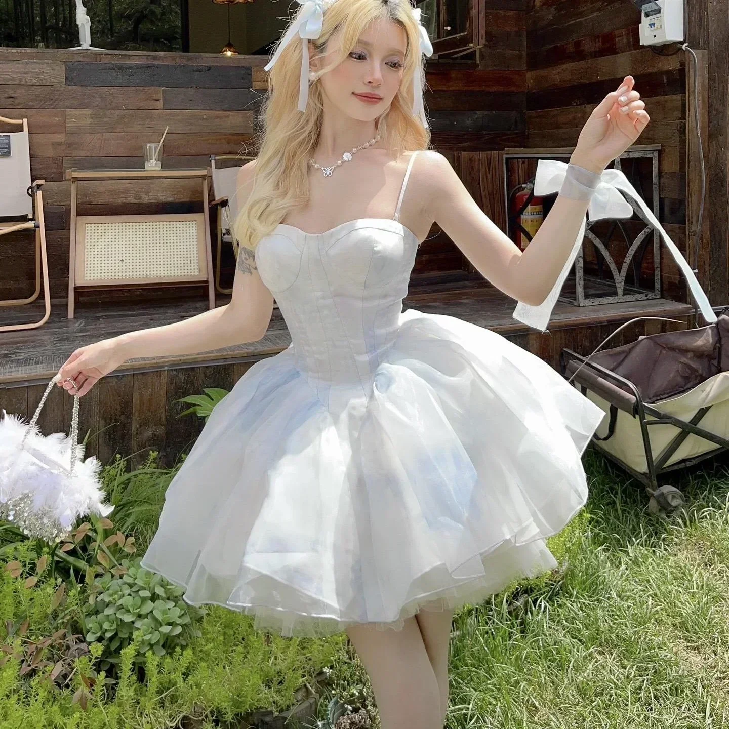 Lolita Sweet Girl Fairy Tube Top Sling Dress with Long Cardigan Birthday Princess Dress 2025 French Style Flower Wedding Dress