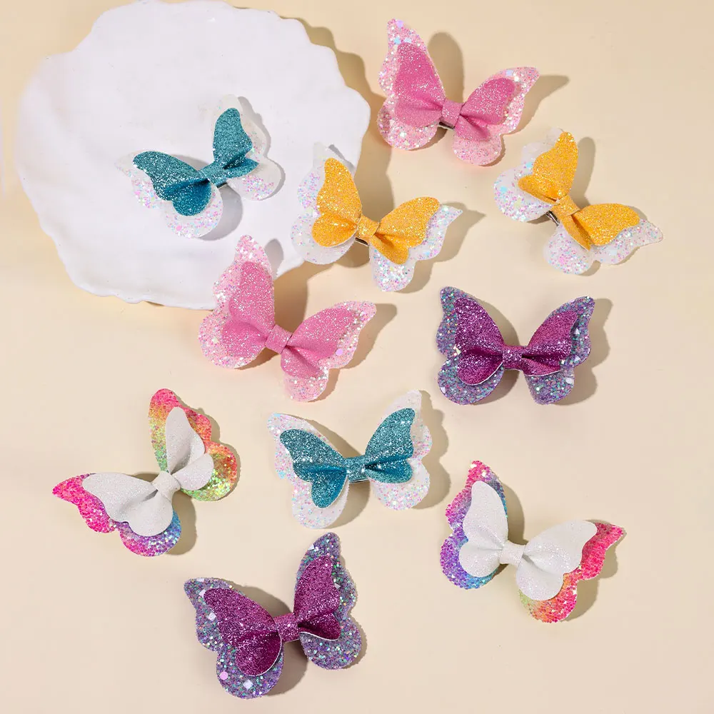 2PCS Shinng Butterfly Hair Clip For Baby Girls Sequins Double Butterfly Hairpin Children Barrettes Headwear Hair Accessories