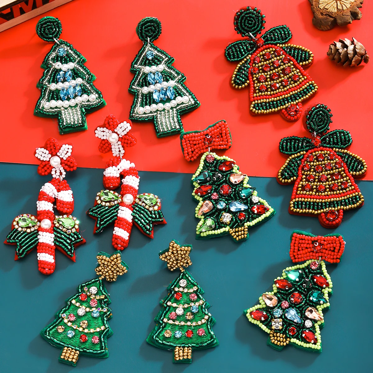 Christmas Handmade String of Beads Rhinestone Drop Earrings Christmas tree Earrings Suitable for Christmas Earrings for Women