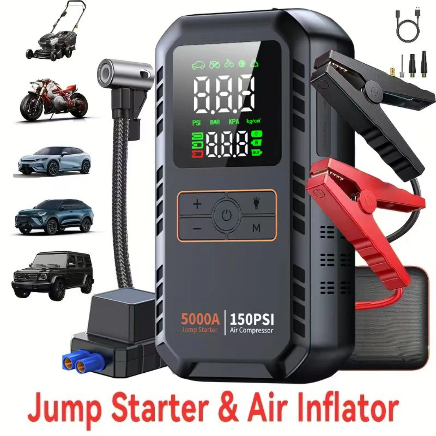 

5000A 150PSI Car Jump Starter with Air Compressor Auto Tire Inflator, Large LCD Display, LED Light, for Cars, Bike & Motorcycle