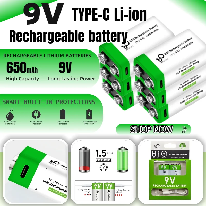 

9V Lithium Battery Rechargeable with Type-C USB Charger Built-in for Multimeter Microphone, Metal Detector, Cable Remote Control