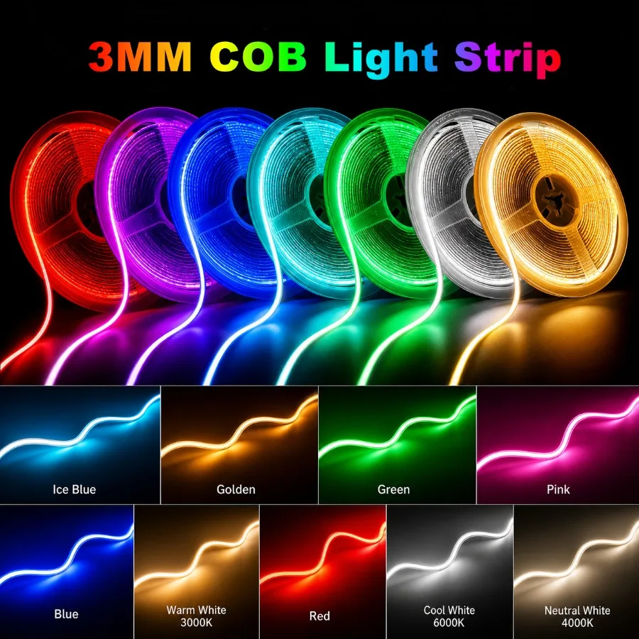 3mm 12V 5~0.5M Ultra Thin COB LED Strip Colorful Dimmable High Density Cuttable 400LEDs Flexible Light for DIY Home Decor Lamp