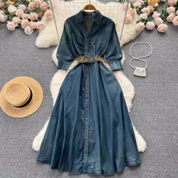 High Quality Autumn Women's Single Breasted Dark Blue Jeanswear Vintage V Neck Three Quarter Embroidery Belt Denim Long Dresses