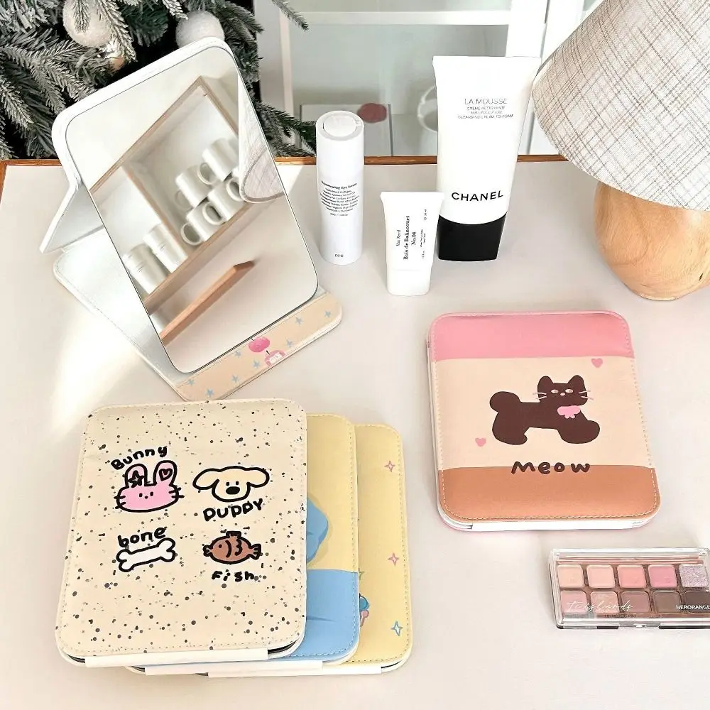 Small Pu Leather Desktop Stand Mirror Cat Cartoon Puppy Fold Makeup Mirror Folding Easy To Carry Vanity Mirror Dormitory