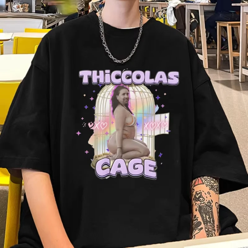 Thiccolas Cage Funny Meme T Shirt Men Summer 100% Cotton Fas