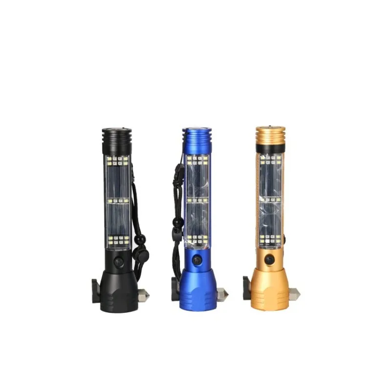 

Rechargeable LED Solar Flashlight with Compass Safety Hammer Cutter Lighting Multifunctional Power Bank