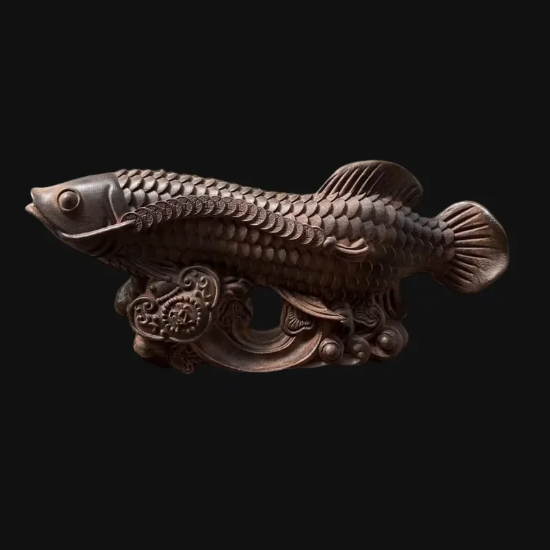 Handcrafted Vietnamese Agarwood Golden Dragon Fish Wooden Ornament Solid Wood Lucky Arowana Figurine for Living Room Office