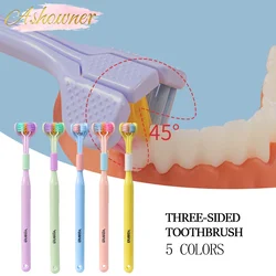 Escova de dentes de três lados estéreo 3D para adultos, raspador de língua, limpeza profunda, higiene bucal, PBT, cabelos ultra finos e macios