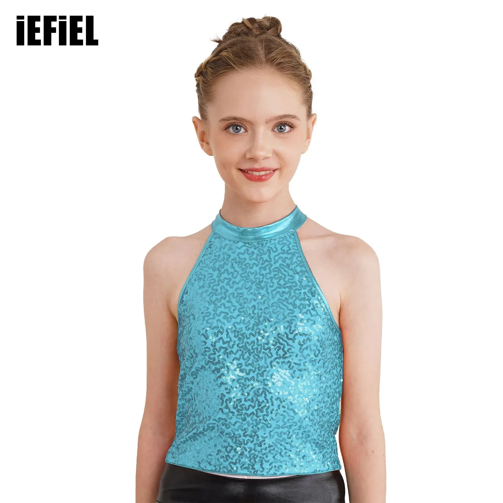 Kids Girls Sequin Halter Dance Top Sleeveless Backless Tops for Cheerleading Jazz Dance Gymnastics Stage Performance