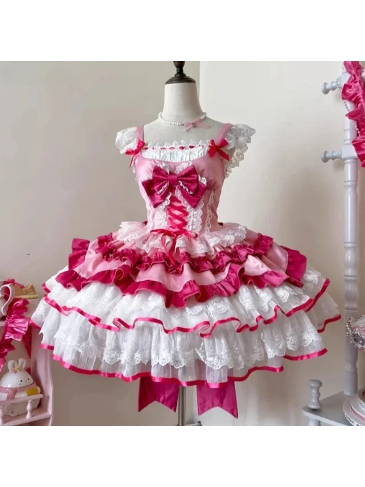 

Japanese Sweet Lolita Jsk Dress Women Kawaii Lace Ruffles Bow Bandage Slim Princess Dresses Girls Y2k Cute Tea Party Mini Dress