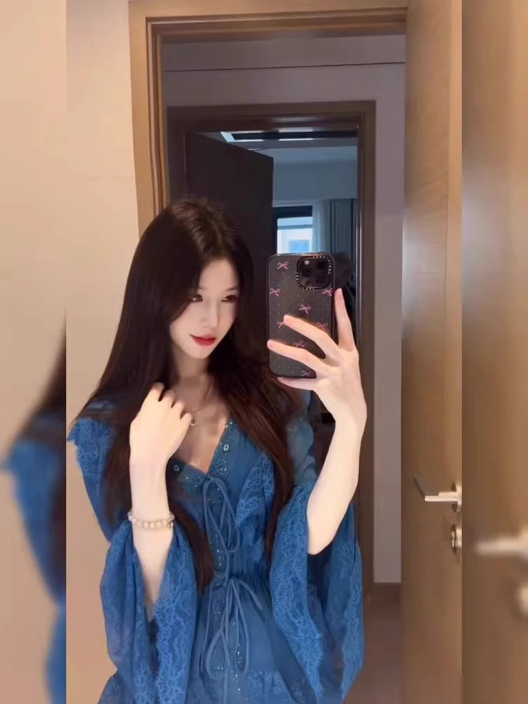 

Длинное шифоновое платье с кружевными вставками и V-образным вырезом, приталенное, с поясом, для ранней весны, женский комплект из одного предмета