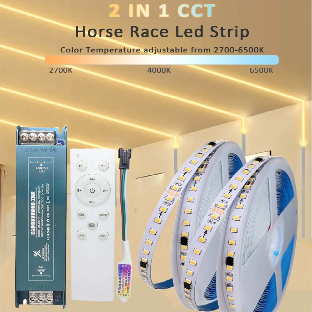 

CCT Horse Race LED Strip Light WW CW RF Running Water Chasing Pixel Lamp DC 24V SMD 2835 Dual White Linear Tape 20M 10M Full Kit