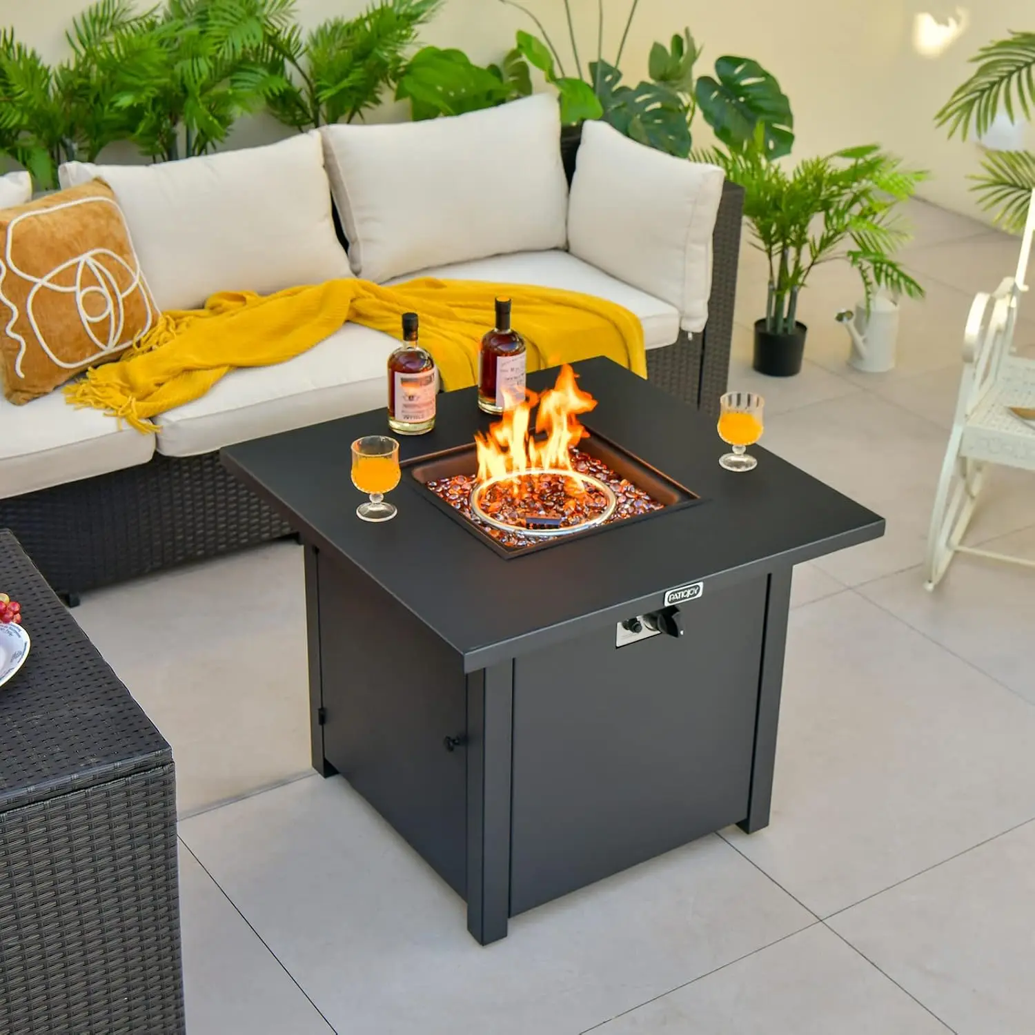 32 Inch Patio Propane Gas Fire Table, 50,000 BTU Square Fire Pit Table with Clear Class Rocks & PVC Protective Cover