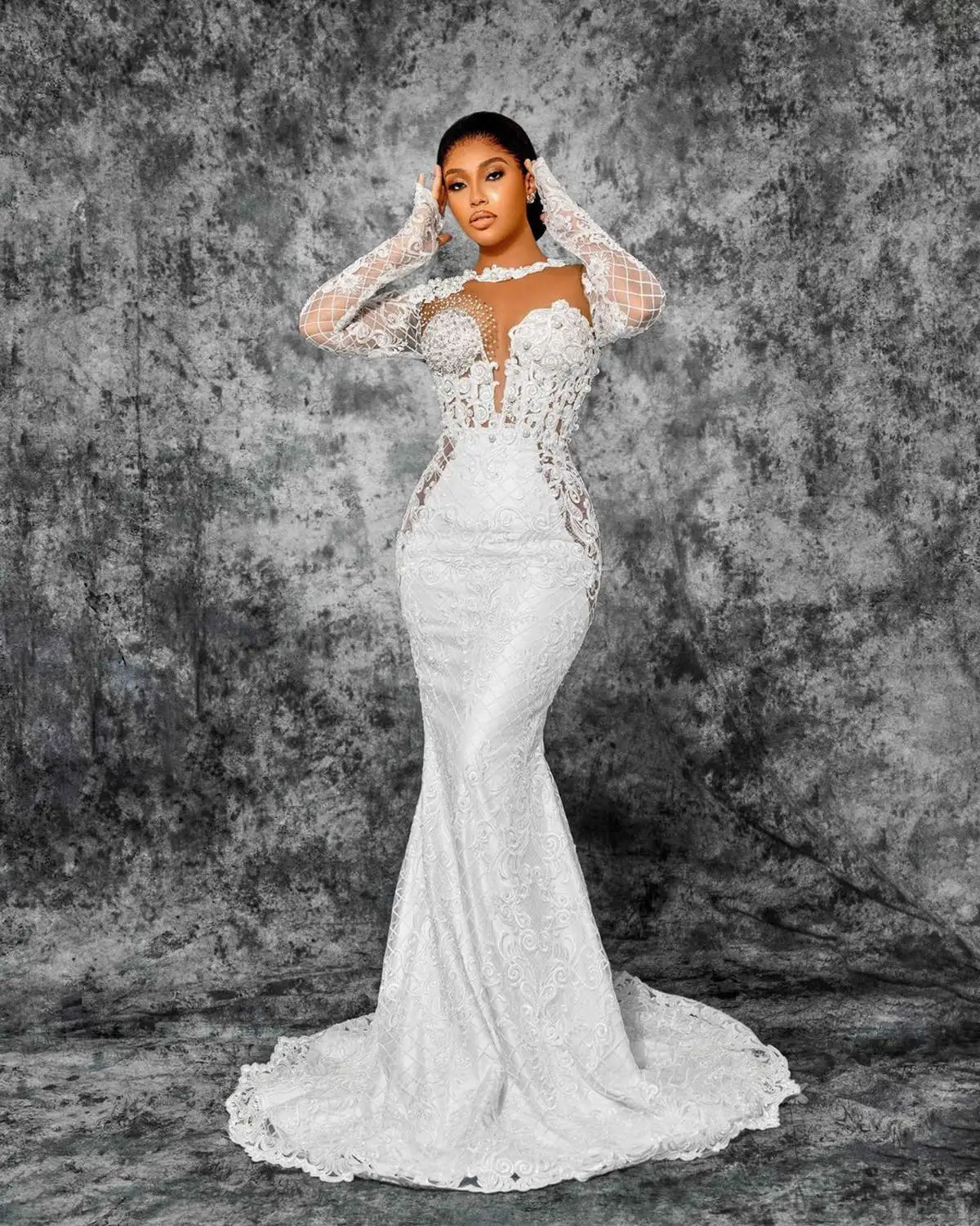 Illusion Mermaid Wedding Dresses O-Neck Appliques Pearls Bridal Long Sleeve Gowns Prom Dresses Vestido de novia Custom Made