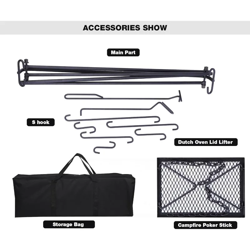 حامل شواية سوينغ كامب فاير - رف طبخ نار المخيم قابل للطي مع 6 خطافات وشبكة شواء حديدية، فرن هولندي محمول #4