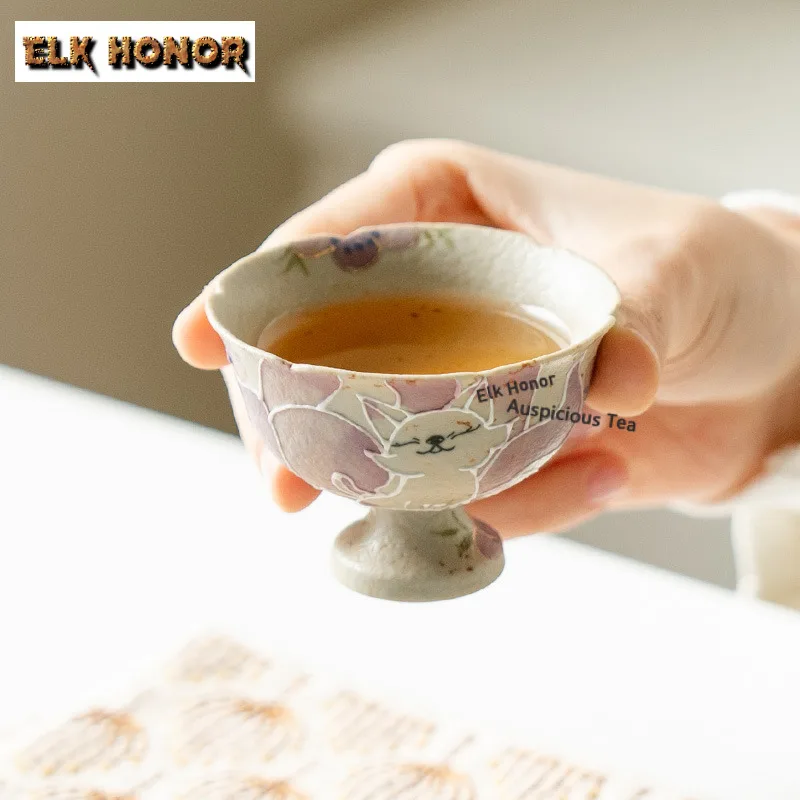 55ml Hand-painted Nine-tailed Fairy Fox Cup Zen Tea Bowl High-feet Tea Pair Tea-tasting Fragrance Cup Chazhan Master Cup Teaset