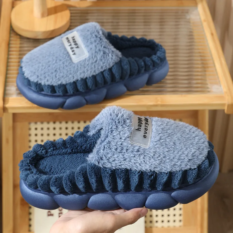 Plus Size Man slippers home furry thick bottom slides designer winter warm velvet mens slippers blue cotton slipper males shoes