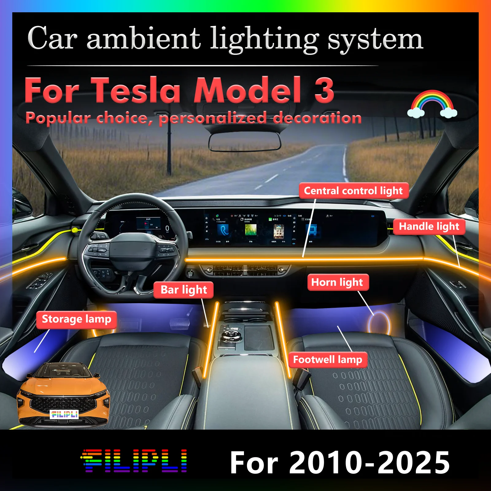 

Для Tesla Model 3 умный пульт дистанционного управления RGB 64 цвета светодиодный салон автомобиля окружающее освещение энергосберегающий эффективный комплект ламп