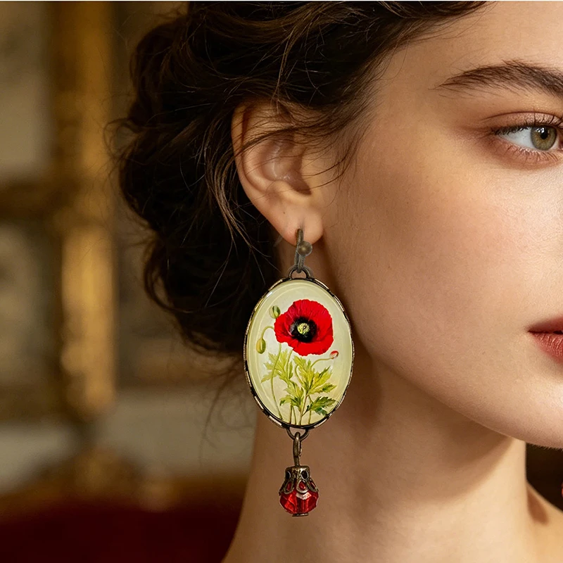 Vintage Lovely Poppy Blossom Glass Oval Drop Earrings Antique Bronze Red Bead Fine Jewelry Gift For Women