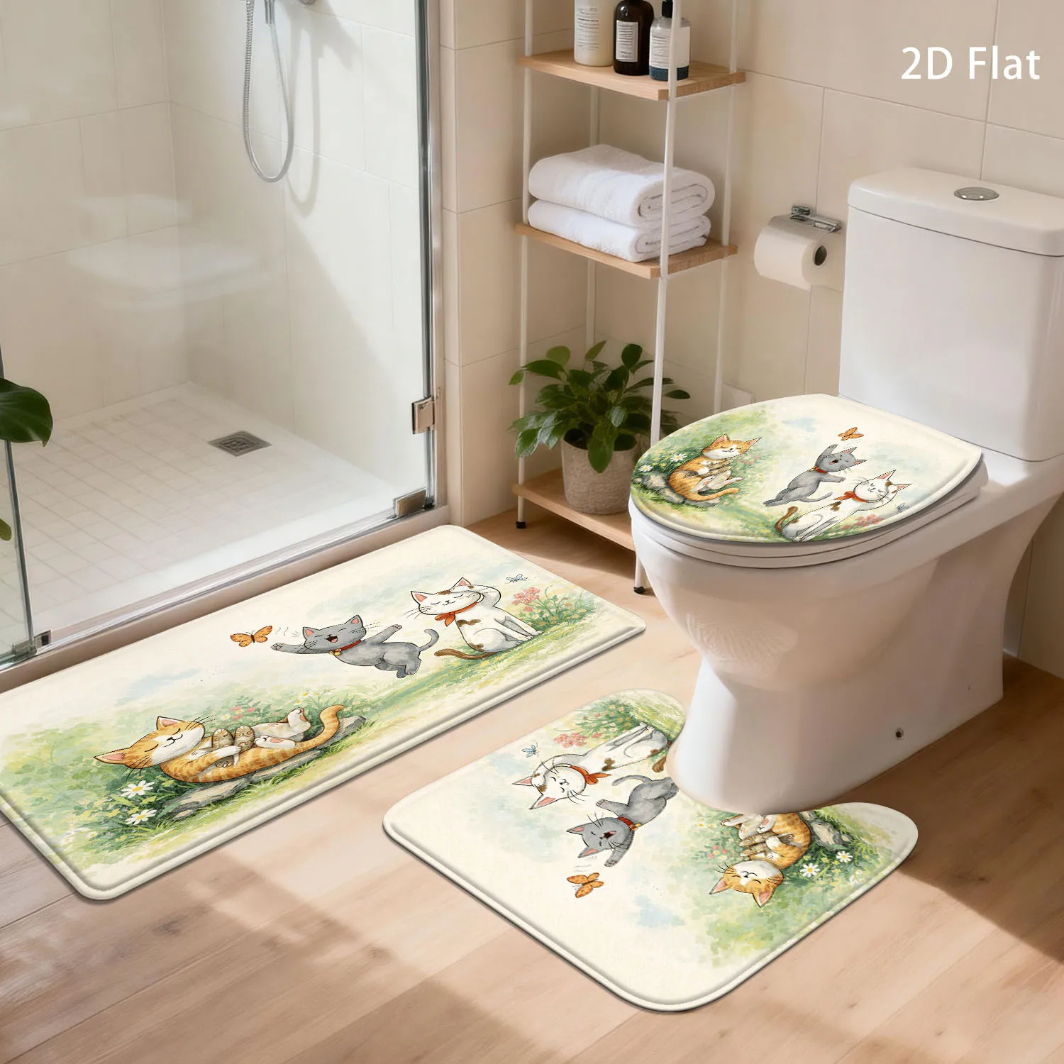 Cute Cat Family Bathroom Rug Set 3 Pieces Watercolor Animal Bath Mat for Bathroom Decor Home Gift
