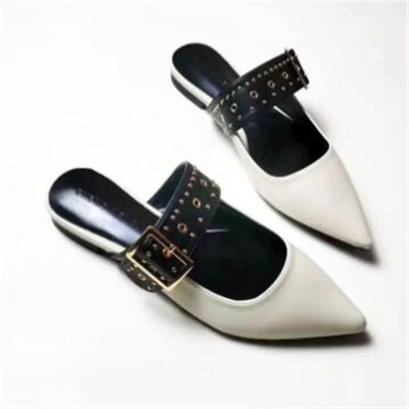 

Women's rivet and belt buckle brand designer slippers, pointed blue denim slippers, lazy flat high heels
