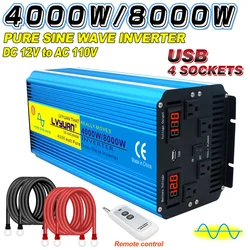 4000W/8000W Pure Sine Wave Power Inverter DC 12V/24V TO AC 100V 110V 50Hz/60Hz Solar Voltage Converter Remote Control US Socket