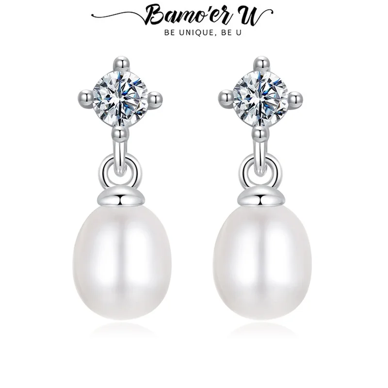 

Bamoer U Pearl Moissanite Drop Earrings 925 Sterling Silver Unique Pearl Pendant Design Certified Earrings Women Fine Jewelry