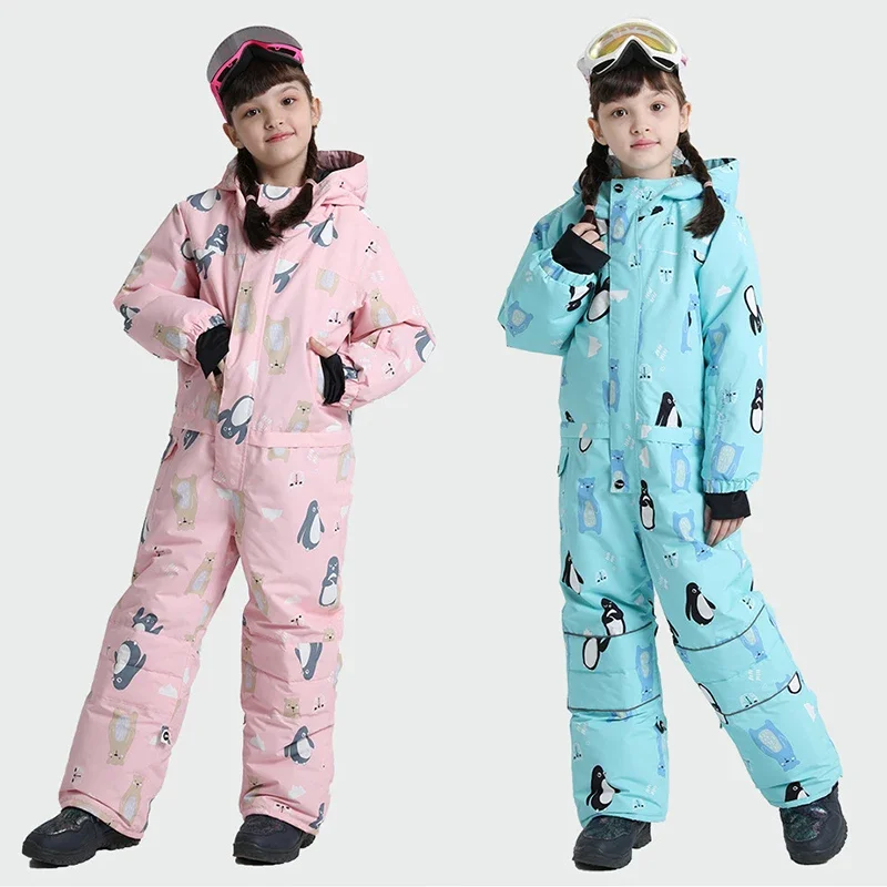 

New Winter One Piece Ski Suit Outdoor Snowboard Jacket Boy Girl Overalls Kids Cartoon Ski Set Children Sports Set Snow Pants