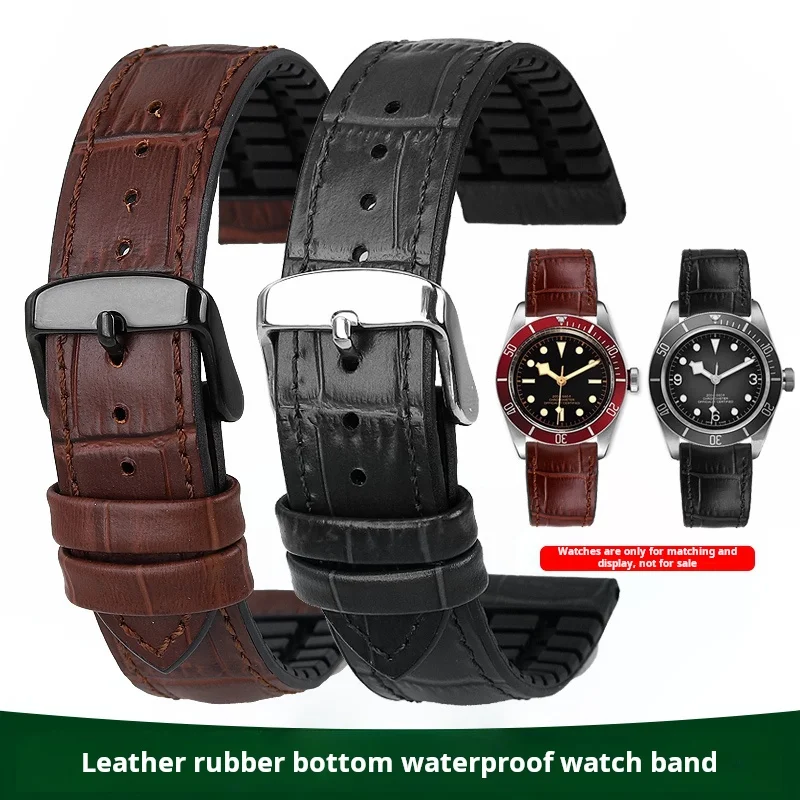 20mm 22mm watch Strap For Tudor Bronze small red flower Black Shield waterproof Cowhide Genuine leather rubber men\'s watchband