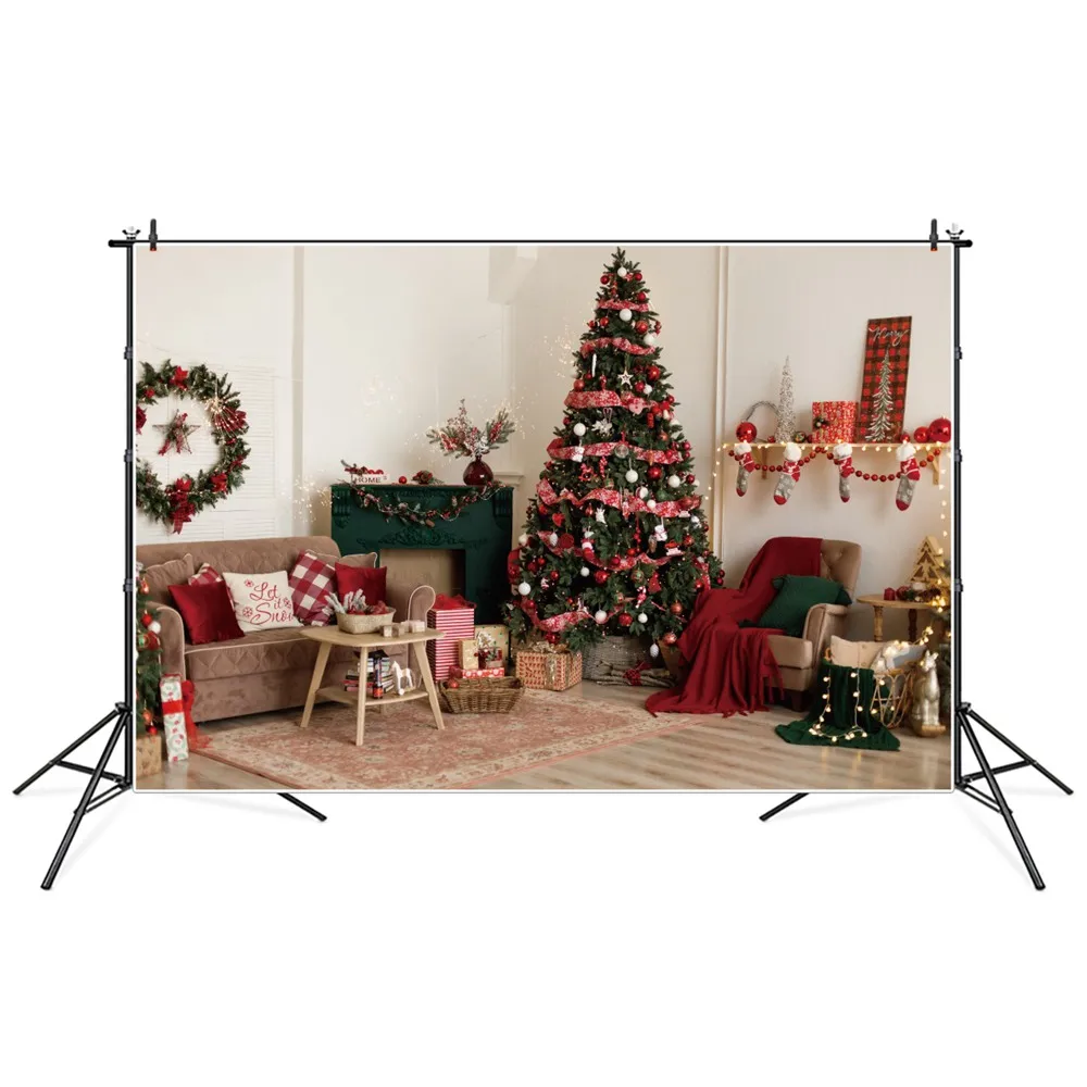Christmas Living Room Backdrops Photography Decoration Ribbon Tree Fireplace Cusdtom Baby Photocall Photo Booth Background Props