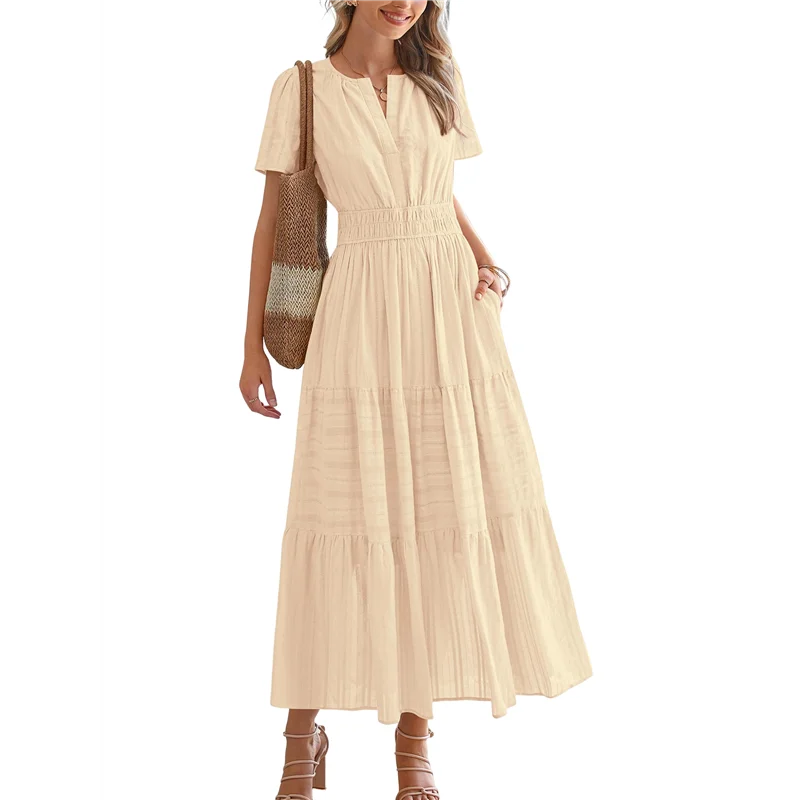 ASDS - Damskie Letnie Sukienki Midi Maxi Casual Lekkie Krótkie Rękawy Dekolt V Elastyczna Talia Sukienka Boho Plażowa Kieszenie