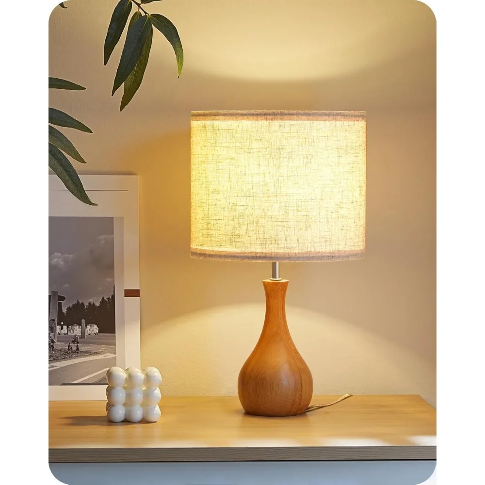 

small table lamp, wood desk lamp with bottle-shaped base and linen lampshade, bedside lamp with cable, e26 base, bulb not includ