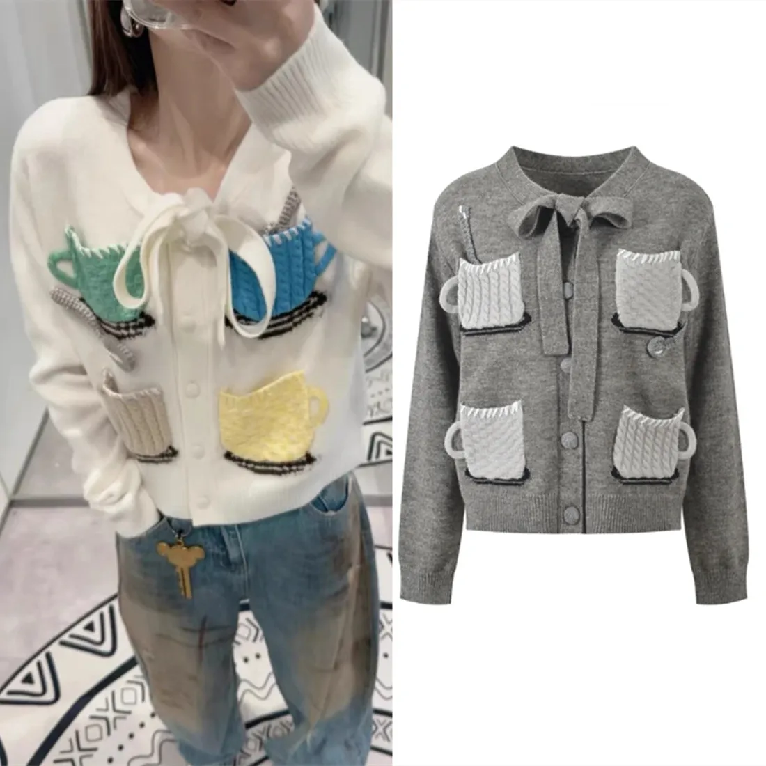 

Вязаный кардиган Sweet Sle для женщин: топ с забавным дизайном, вышивкой, милым узором, универсальный, с длинными рукавами, круглым вырезом, укороченный, на пуговицах