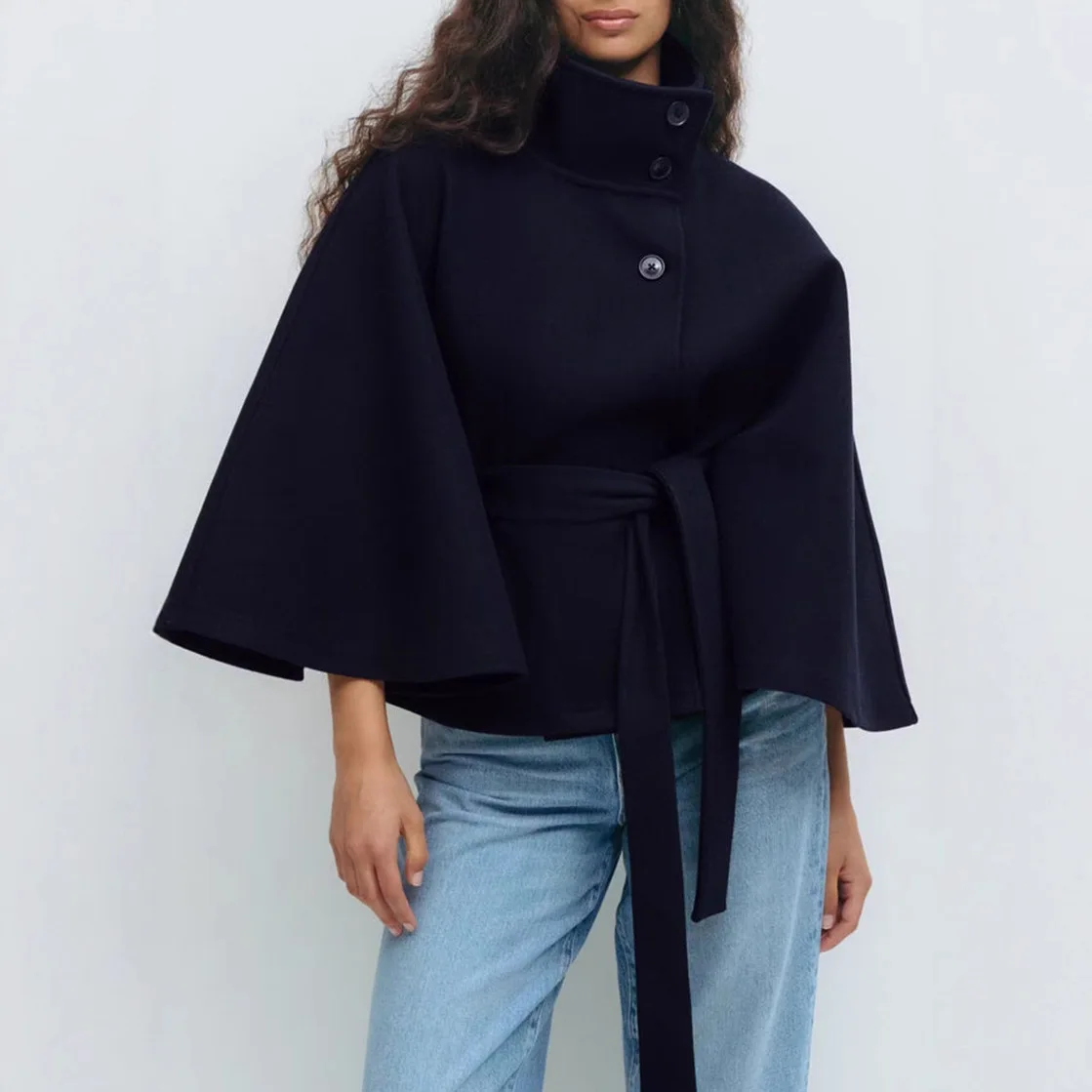 Autumn Winter New Fashionable Solid Cape Stand Collar Button Belt Windbreaker Jacket Coats For Woman Abrigo Mujer Elegante