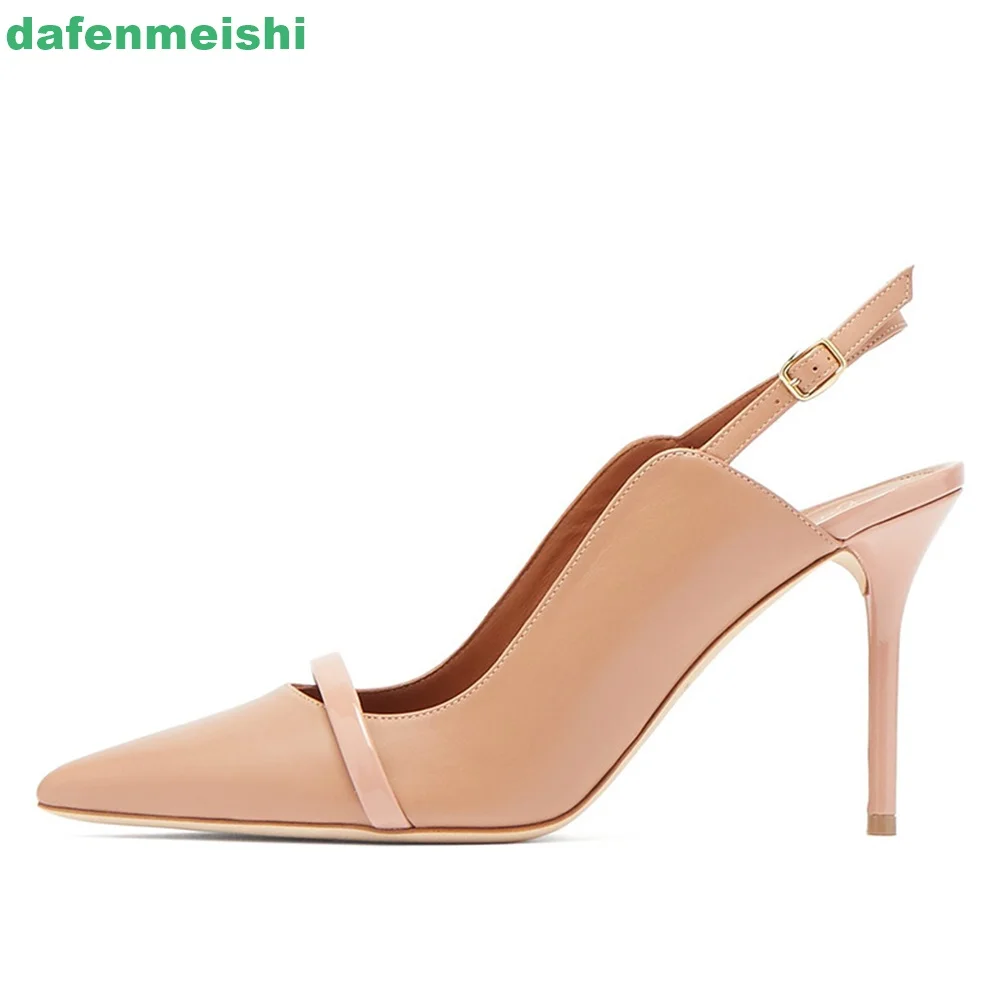 

2025 New Nude Women Sandals Pointed Toe Back Strap Slingback Thin High Heels Shallow Fashion Party Sandals 10Cm Heel Mules