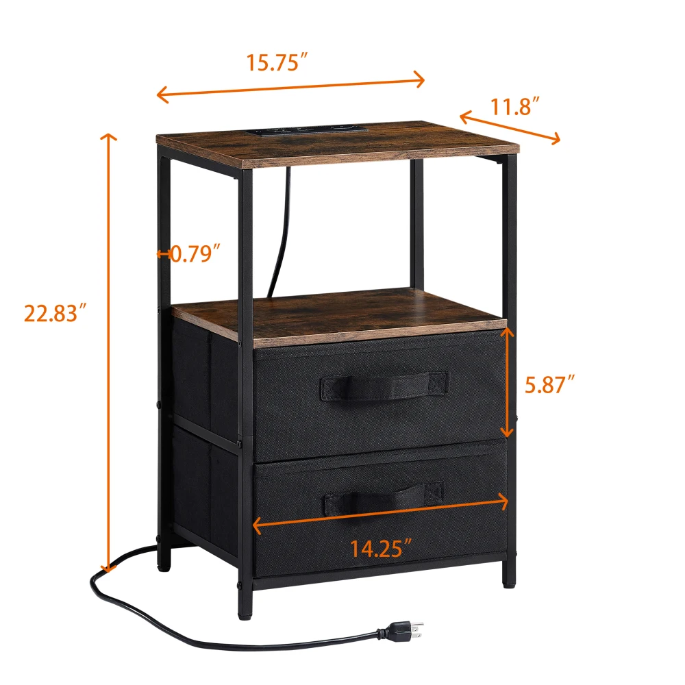 Nightstand com porta USB, estação de carregamento, tomada, 2 gavetas, prateleira de armazenamento aberto, mesa lateral, sala de estar, quarto, escritório